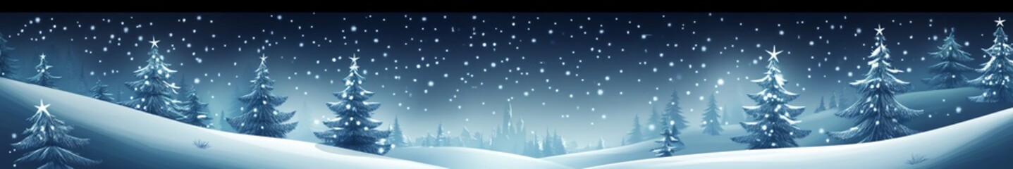 Fototapeta premium Festive Christmas Banner Snowy Landscape,Pine Trees,Red Ornaments Holiday Scene Seasonal Celebrations Winter Wonderland Festive Greeting Cards,advertisement,greeting,card,clipart,web,event,blue,golden
