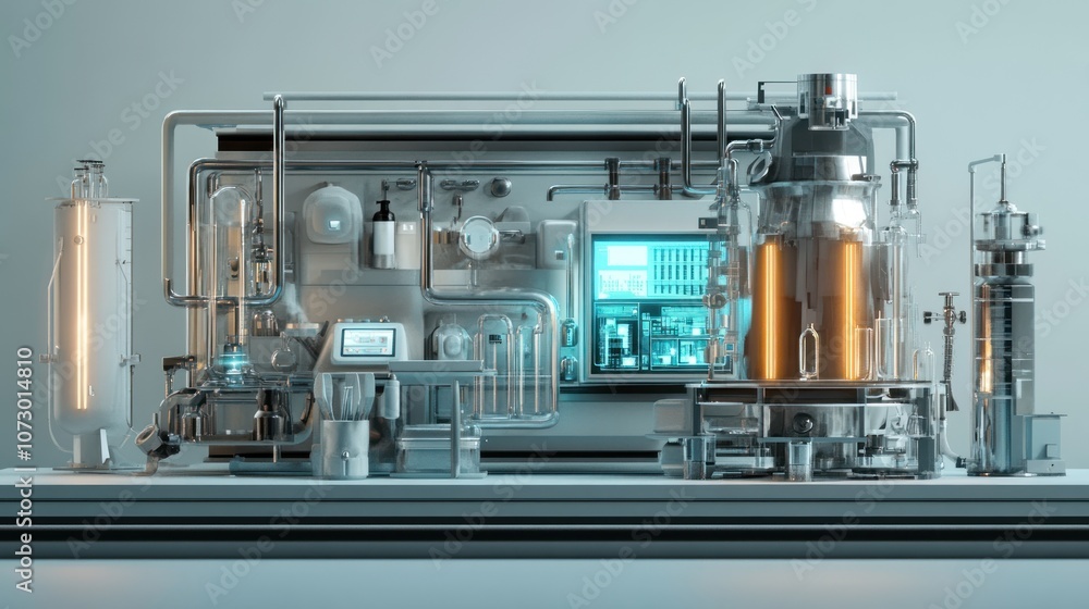 Poster a futuristic laboratory with various scientific equipment and a computer screen with a glowing light