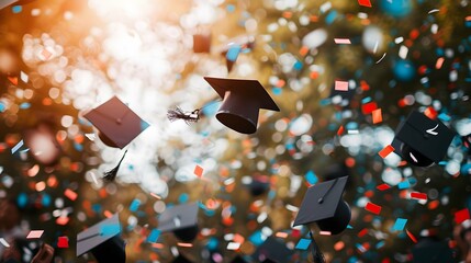 Gradution Cap with Confetti Background, Graduation Day Concept Flying graduation caps on the air with golden confetti for graduates colleges party