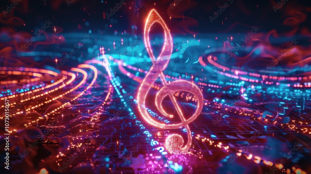 Poster glowing music note with colorful lines in the background creating a vibrant music concept.