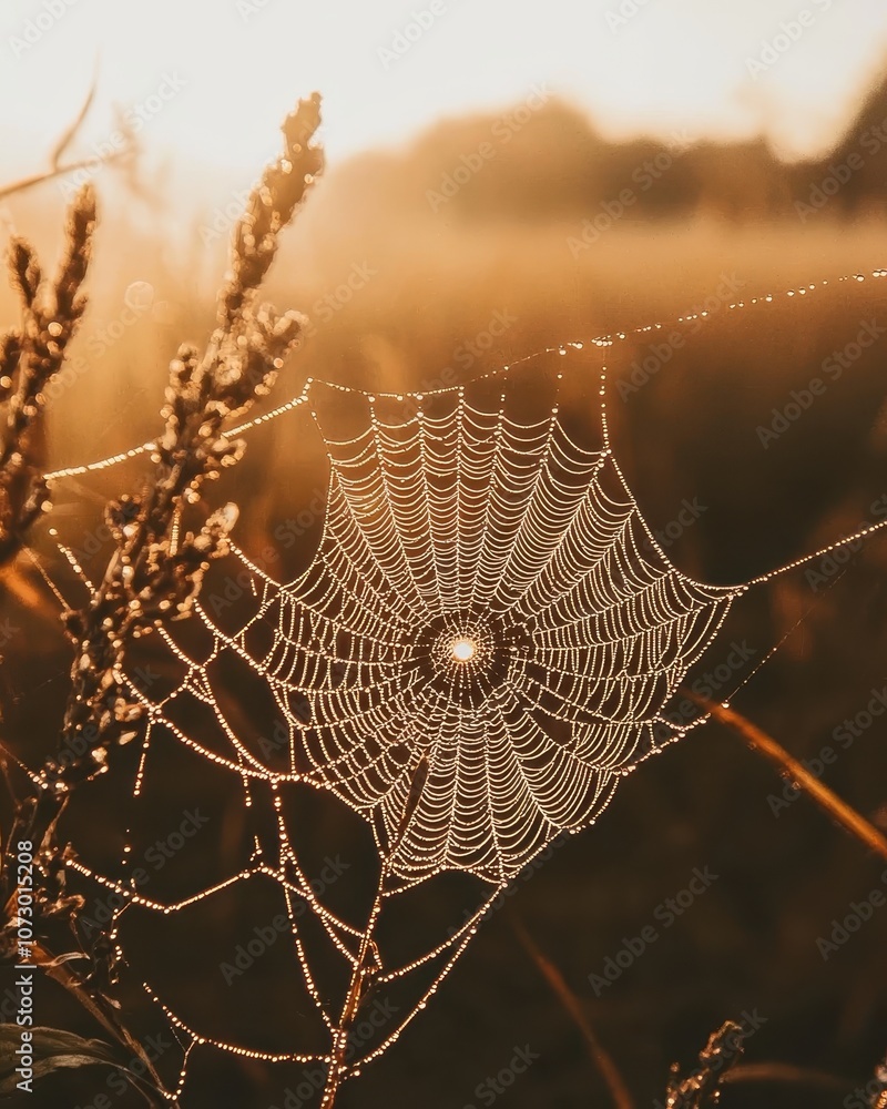 Poster glimmering spider web captured in morning light with dew drops, showcasing nature's intricate design