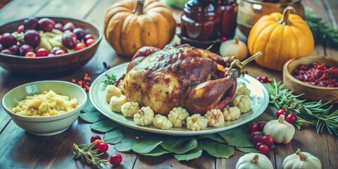 A rustic table setting featuring a roasted chicken, fall-colored pumpkins, and a selection of side dishes, ready for a hearty autumn meal.