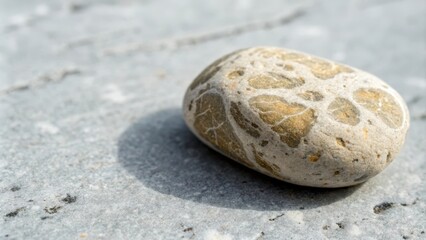A single smooth, rounded stone with a distinctive mottled pattern, showcasing the beauty of natural erosion and the interplay of light and shadow.