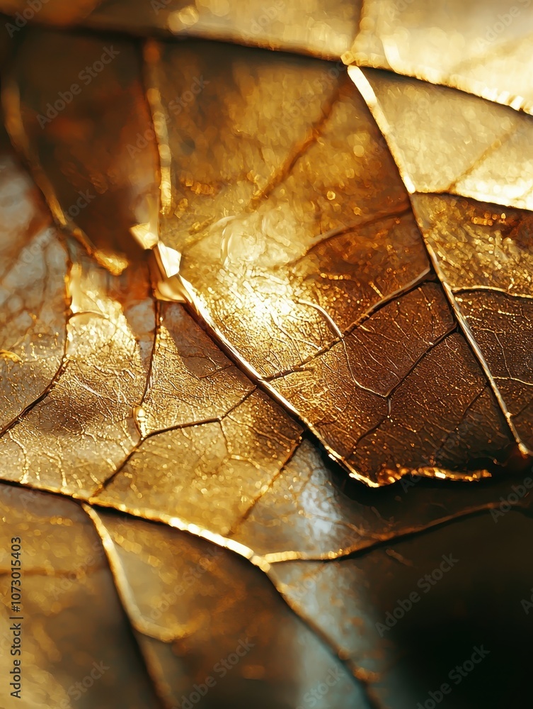 Poster close-up shot of golden leaves with intricate texture and natural patterns reflecting light, perfect