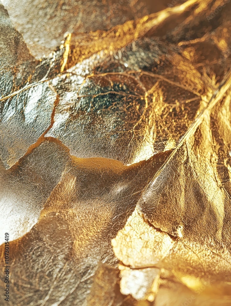 Poster close-up of shimmering gold leaf texture under soft light with intricate details and natural pattern