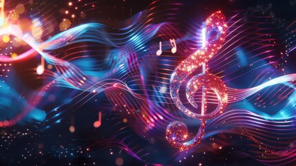Glowing music note with colorful lines and additional music notes in the background for a lively music concept.