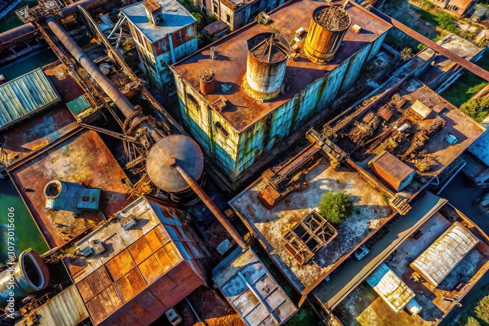 Aufkleber aerial view of a weathered rusty metal surface with unique textures and patterns, perfect for indust
