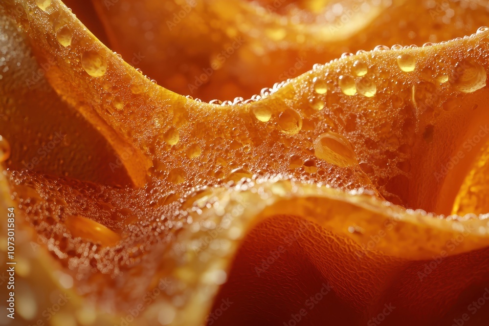Poster close-up of wet orange fabric with glimmering water droplets capturing light and texture in an abstr