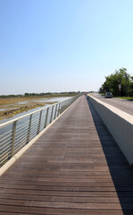 Obraz premium long bike path runs quickly between the muddy lagoon and the road for cars