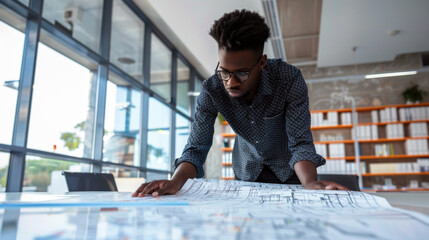 A young man in a checked shirt carefully analyzes detailed architectural plans spread out on a table. Sunlight filters through large windows, illuminating the contemporary office