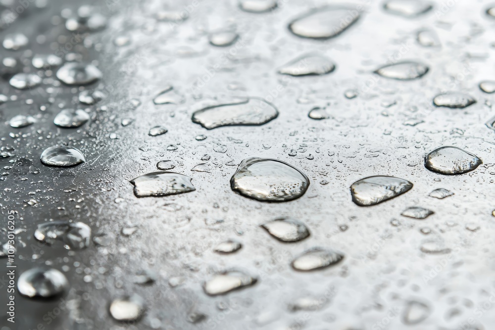 Poster close-up of water droplets on a metallic surface reflecting light, creating a beautiful pattern of s
