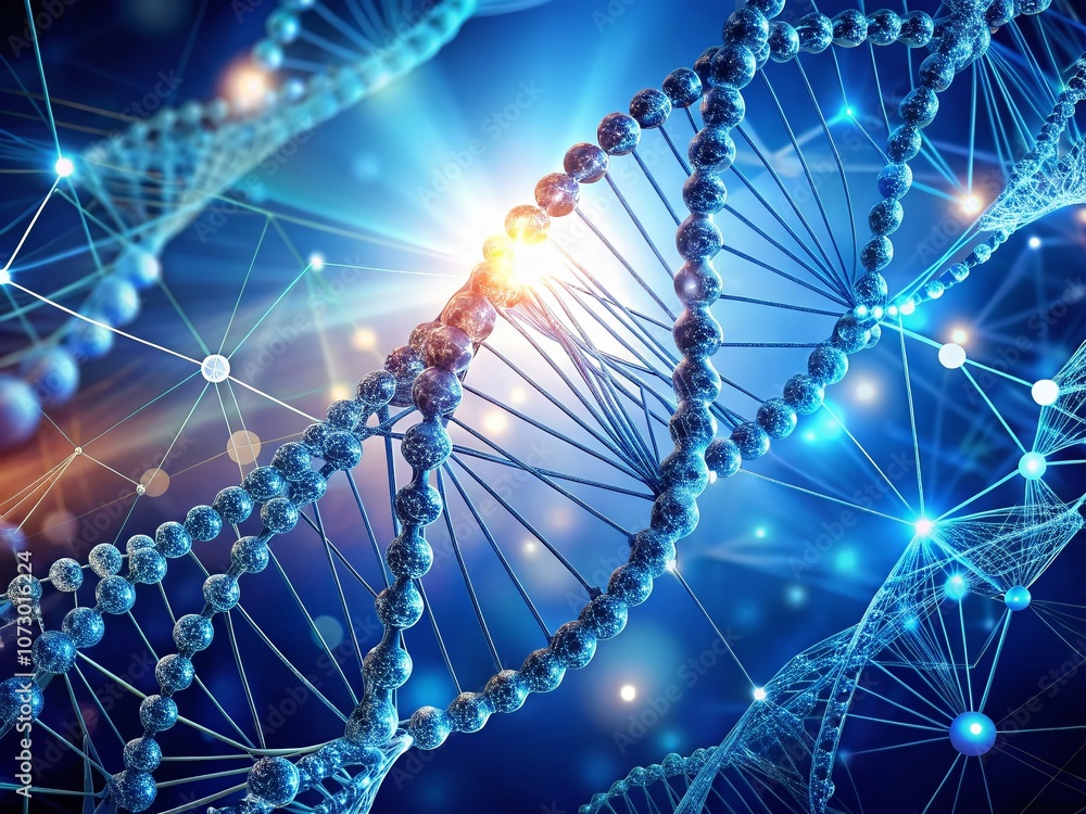 Poster aerial view of dna structure interconnected with dots and lines on a blue background, representing g