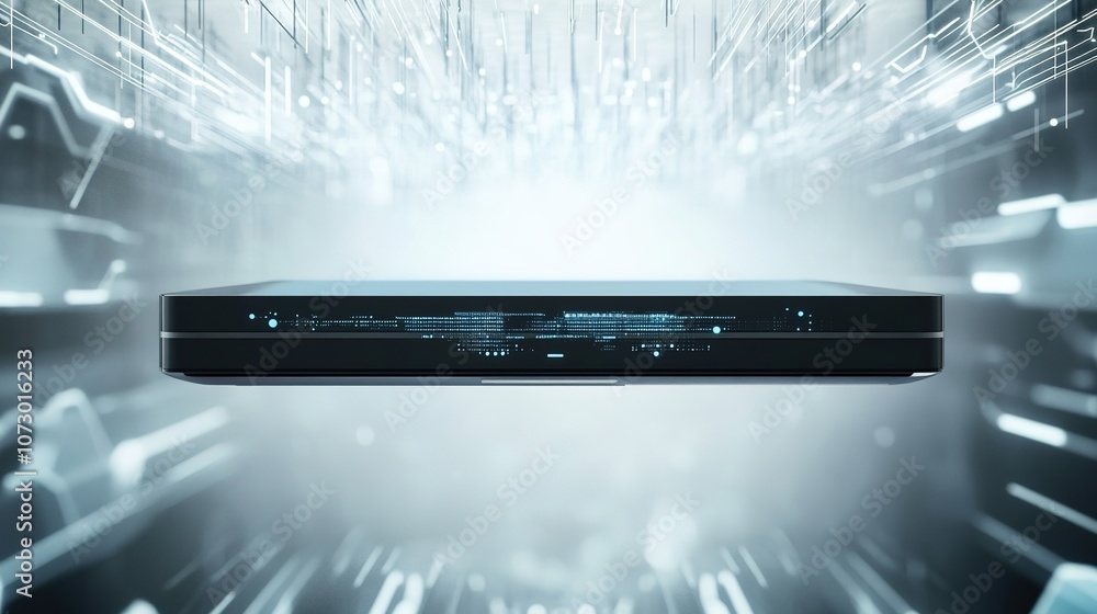 Poster floating network device with glowing lights in data stream