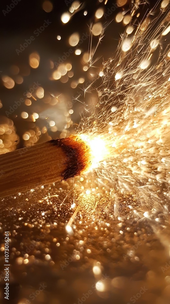 Poster glowing match igniting in dark background, creating sparkling light and beautiful bokeh effect, capt