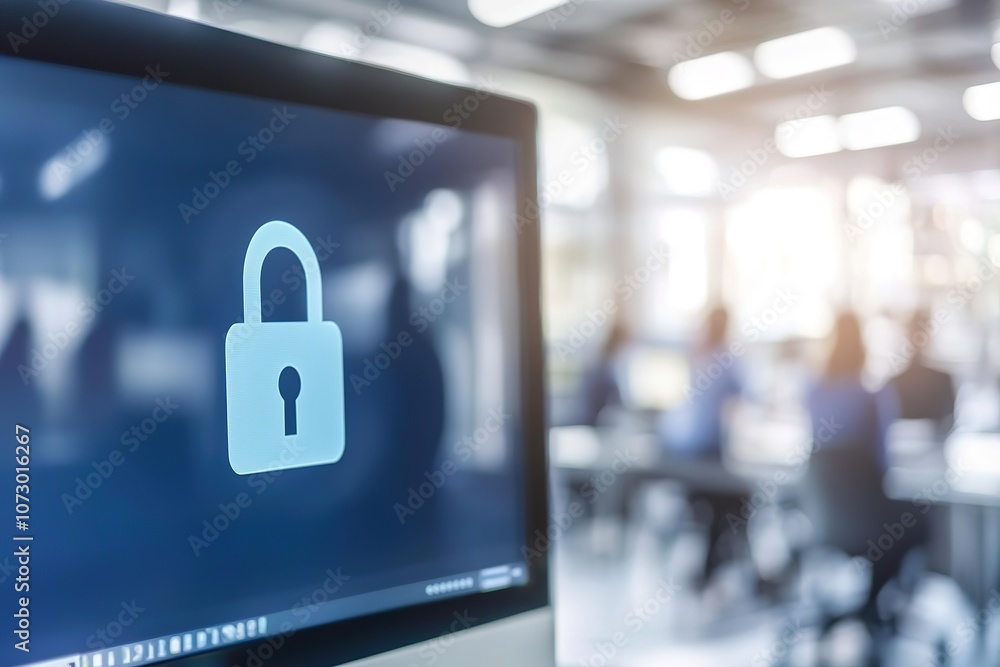Poster secure padlock icon on computer screen, office background