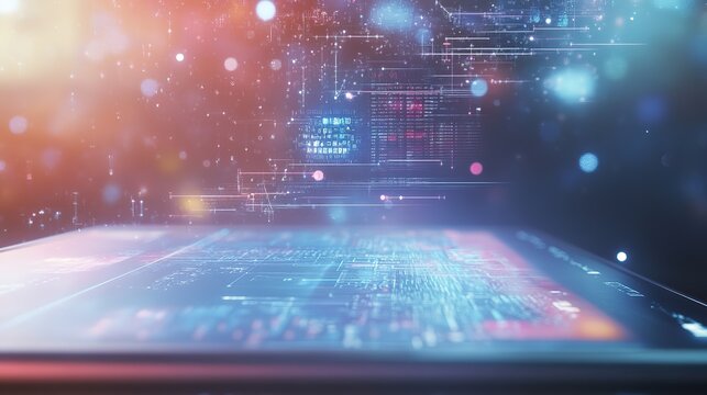 Glowing digital interface with abstract data analysis - Powered by Adobe