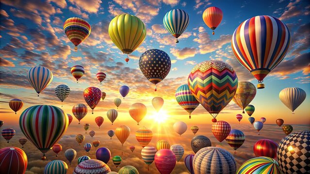 A vibrant tapestry of hot air balloons dances across a sky painted in hues of orange and purple, as the sun bids farewell, casting long shadows across the world below.