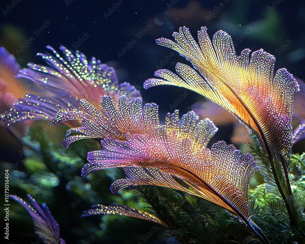 Poster ethereal colorful aquatic flora with intricate patterns illuminated by soft light in a lush underwat