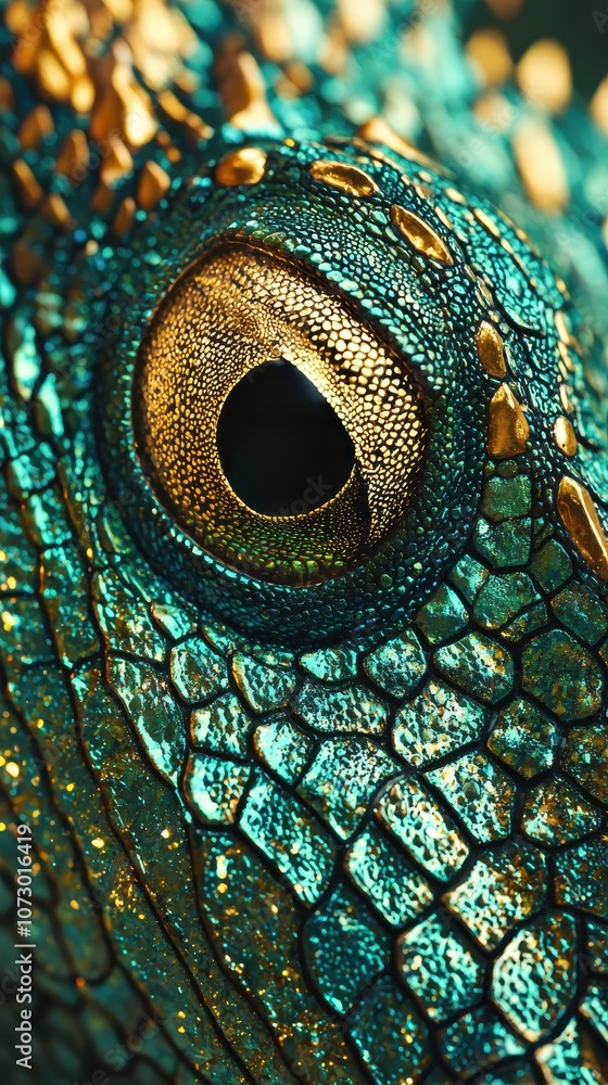 Poster close-up of a colorful reptile eye showcasing intricate patterns and textures with captivating golde