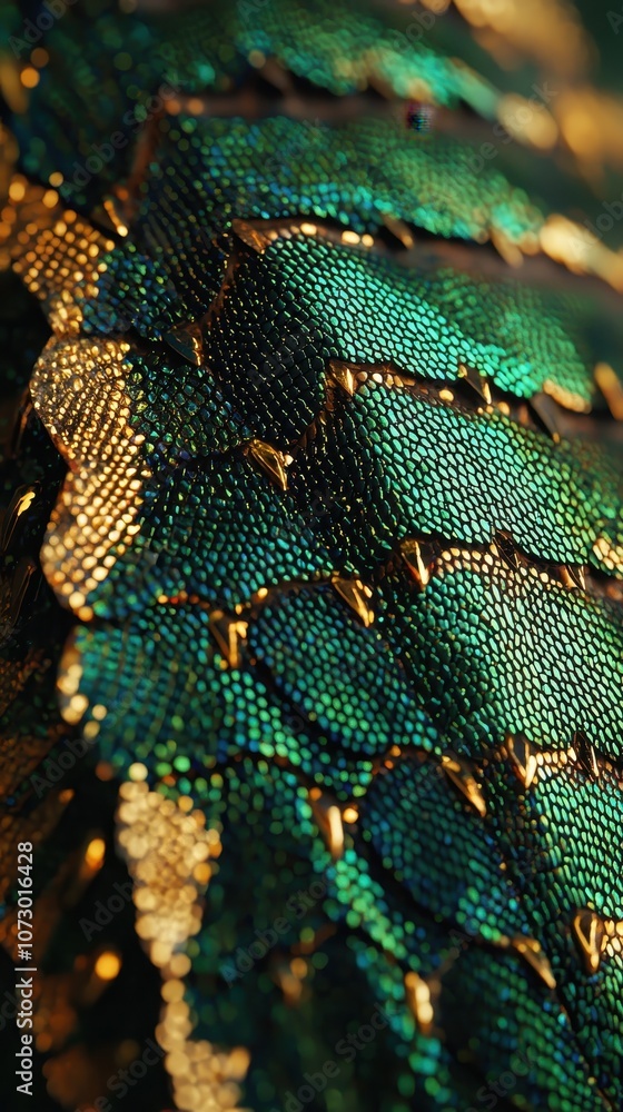 Poster close-up view of vibrant green and gold scales highlighting intricate texture and natural patterns i