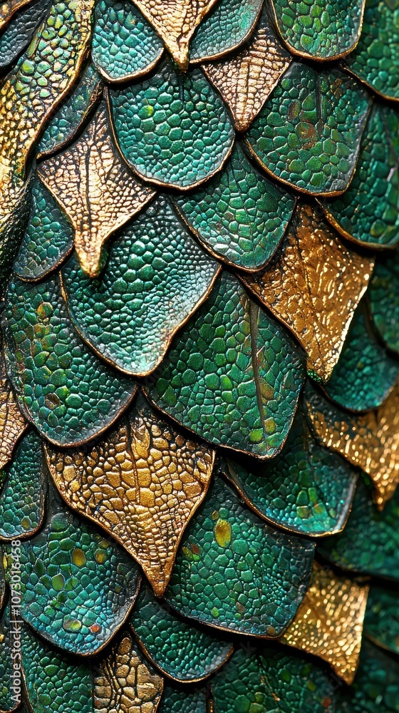 Poster close-up of vibrant green and gold scales in intricate pattern displaying natural textures and detai
