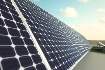 Obraz premium Solar panels line under sunny sky, renewable energy concept.