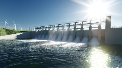 Sunrise over hydroelectric dam, water flowing, renewable energy