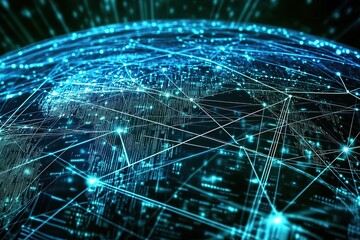 Digital network globe with interconnected lines and dots