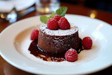 Chocolate lava cake or molten core cake with raspberries on white plate