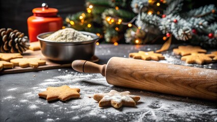 Fototapeta premium Festive Baking Scene with Star-Shaped Cookies, a Wooden Rolling Pin, and a Bowl of Flour, Ready for Christmas Treats