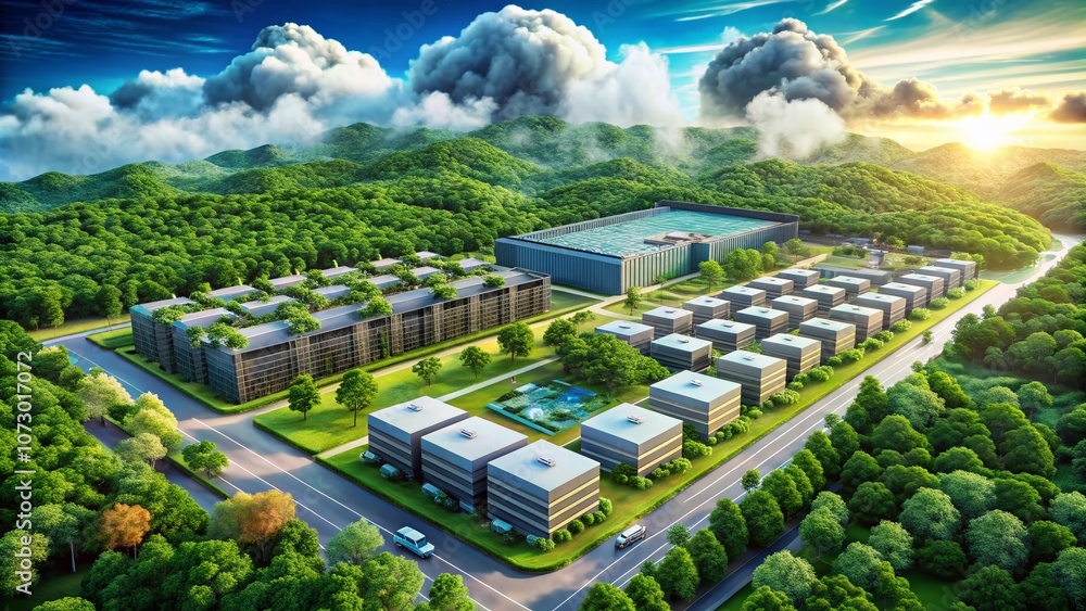 Poster aerial view of modern data centers symbolizing cloud computing decisions: yes or no? showcasing infr