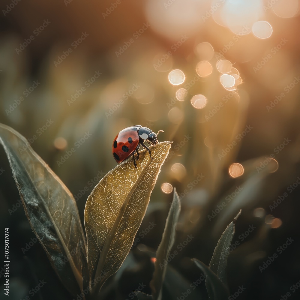 Aufkleber close-up of a vibrant ladybug on a leaf with soft bokeh background in warm golden light, capturing n