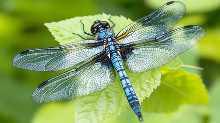 A vibrant blue dragonfly perched on a green leaf, showcasing its intricate wings.