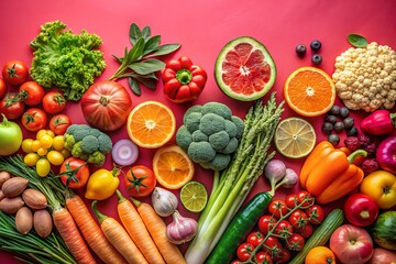 Vibrant Array of Fresh Fruits and Vegetables on Coral Backdrop, Showcasing a Spectrum of Colors and Textures for Culinary and Health-Focused Imagery in Stock Photography