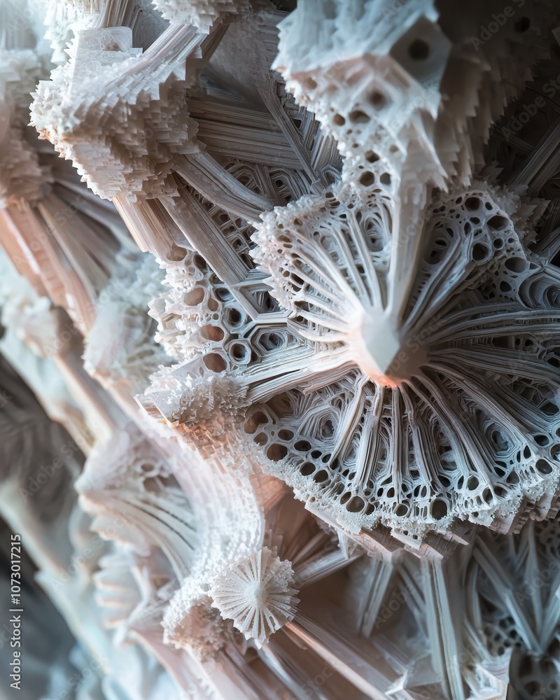 Poster intricate abstract patterns of 3d printed designs showcasing complex shapes and textures in a modern