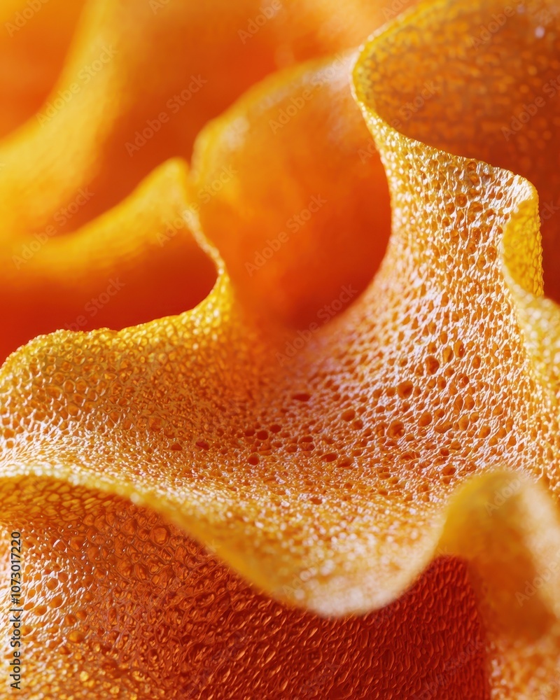 Poster close-up of vibrant orange textured surface showcasing intricate patterns and bubbles, perfect for b