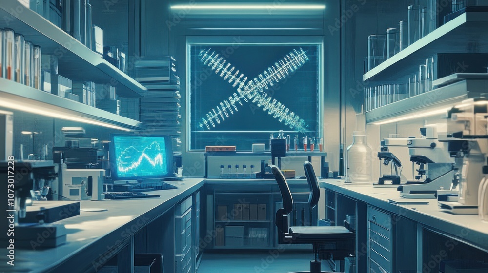 Aufkleber a modern, sterile laboratory with two workstations, each equipped with a computer, microscope, and v