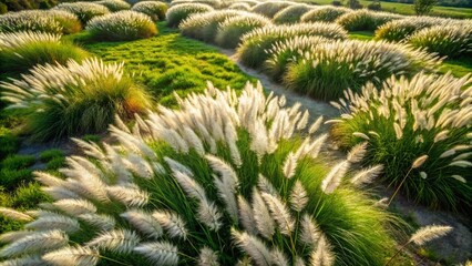 Aerial View of Pennisetum setaceum - The Fountain Grass in Lush Green Landscape Showcasing Its Unique Feather-like Plumes and Graceful Movement in the Gentle Breeze
