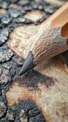 Close-Up of a Wooden Pencil Point on Textured Bark Surface Highlighting Natural Materials and Artistic Tools for Creative Inspiration