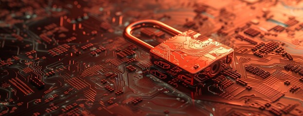 Cyber security Concept of data security lock over a digital background, circuit boards, cyber defense technology .