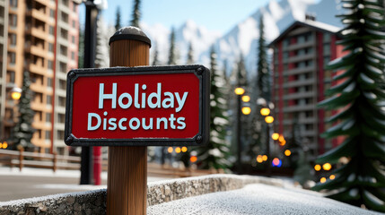 Obraz premium Holiday discounts sign in snowy landscape with festive decorations, inviting shoppers to enjoy seasonal savings in picturesque setting