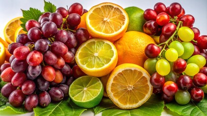 Vibrant Composition of Red and Green Grapes, Fresh Oranges, and Zesty Lemons on a  Background for Culinary and Healthy Lifestyle Imagery