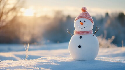 Fototapeta premium Panoramic view of happy snowman in winter secenery with copy space