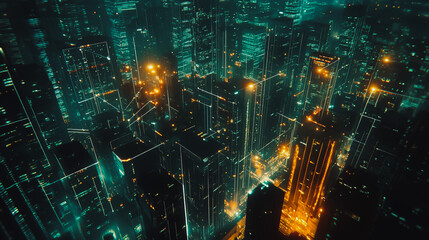 Smart digital Innovation city Business skyscrapers in the Financial District with connection network reciprocity over the cityscape. of future smart wireless digital city and social media networking

