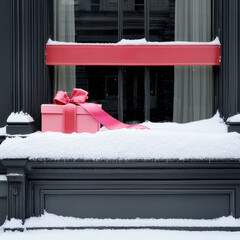 Snow covered store window with holiday gift boxes, red ribbon, and festive atmosphere. scene evokes warm, cheerful feeling during winter season