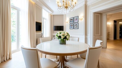 Elegant and Modern Dining Room Space Featuring a Round Table with Fresh Flowers and Stylish Decor Ideal for Upscale Interior Design Inspiration