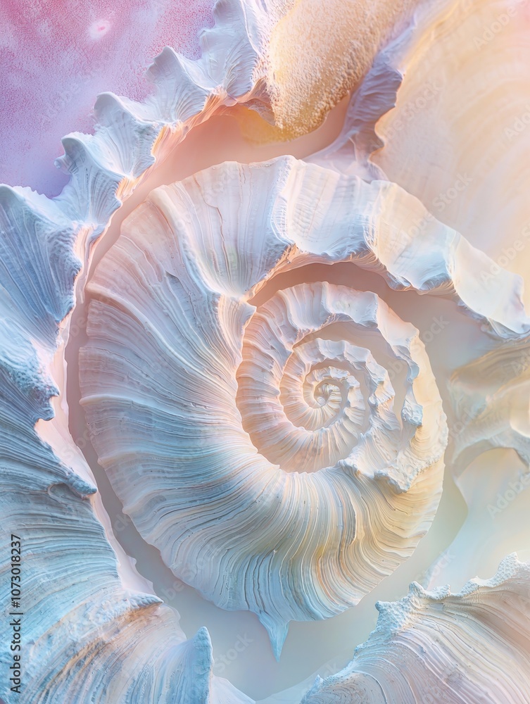 Aufkleber delicate close-up view of a colorful spiral shell with soft pastel tones in a dreamlike composition 