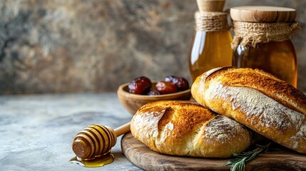 Fresh Bread with Honey and Olive Oil on Rustic Table