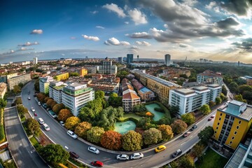 Fototapeta premium Aerial View of Vibrant Cityscape with Colorful Buildings and Green Spaces Perfect for Print Full Color Projects