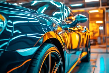 Fototapeta premium Automobile repair and car painting process inside a specialized workshop chamber for vehicles